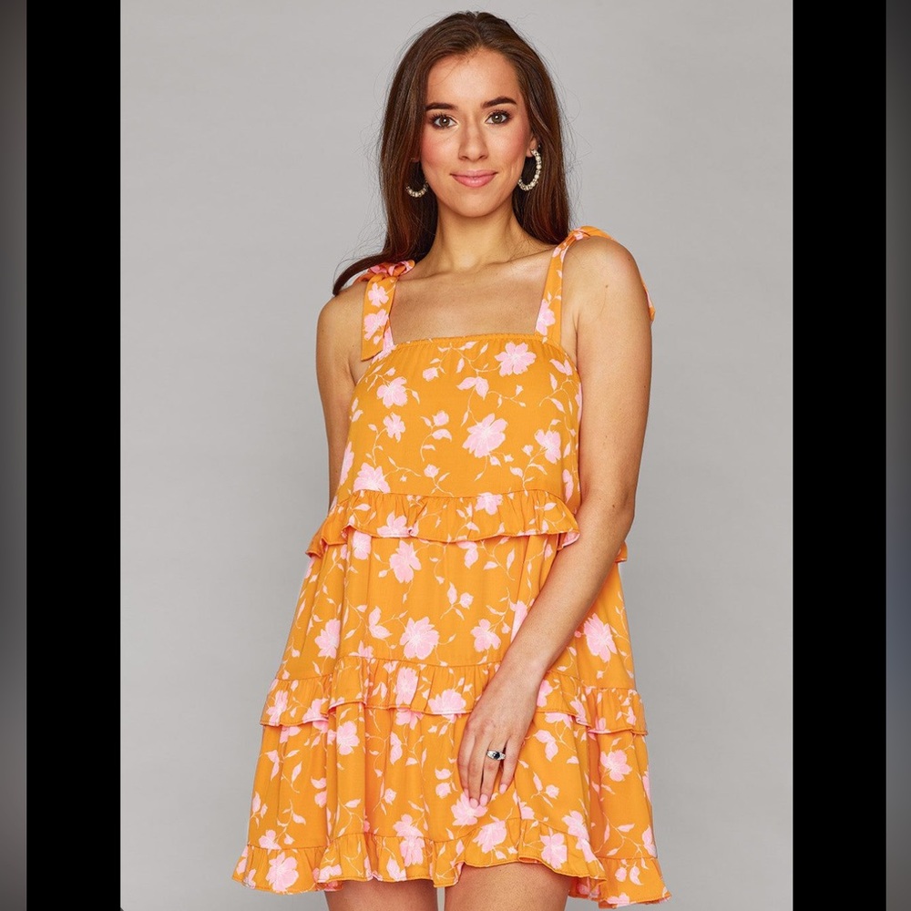 Orange Pink Floral Flowy Shoulder Tie Mini Dress
